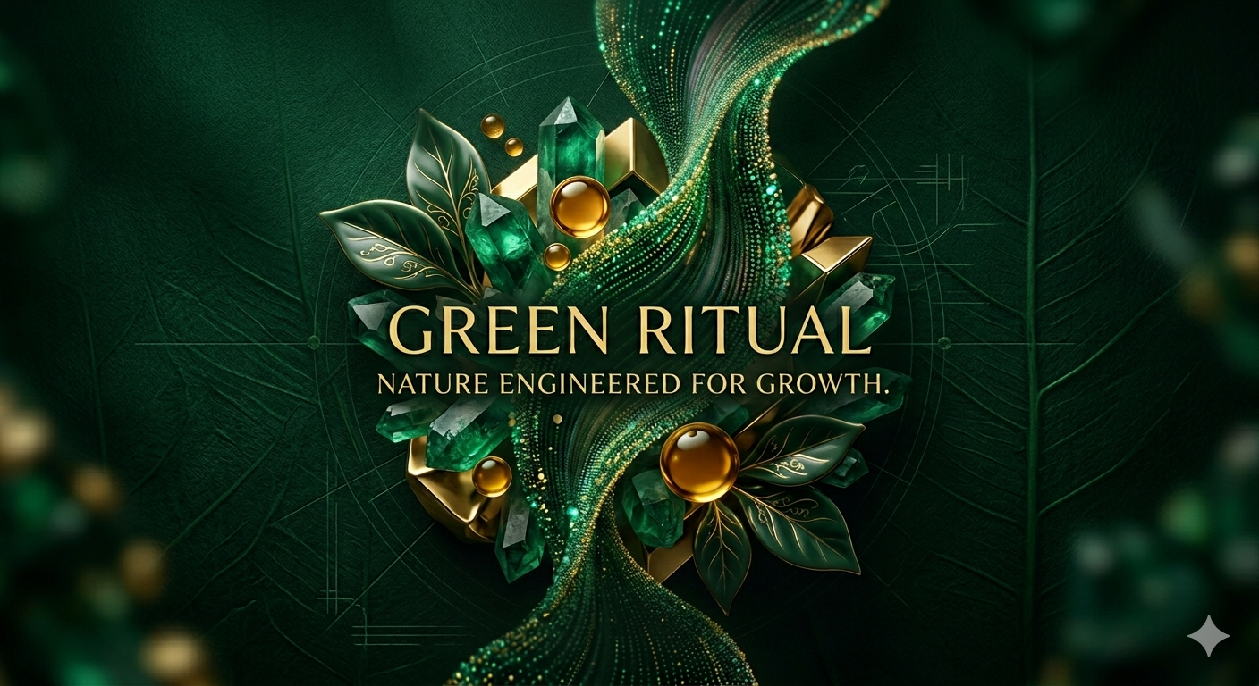 Decorative design with green leaves and gold elements on a dark green background, featuring the text 'Green Ritual: Nature Engineered for Growth'.