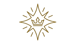 Gold star with a crown at its center on a white background